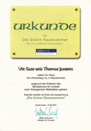 Urkunde "Grüne Hausnummer"